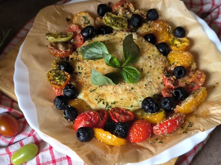 Primosale con pomodorini e olive in friggitrice ad aria